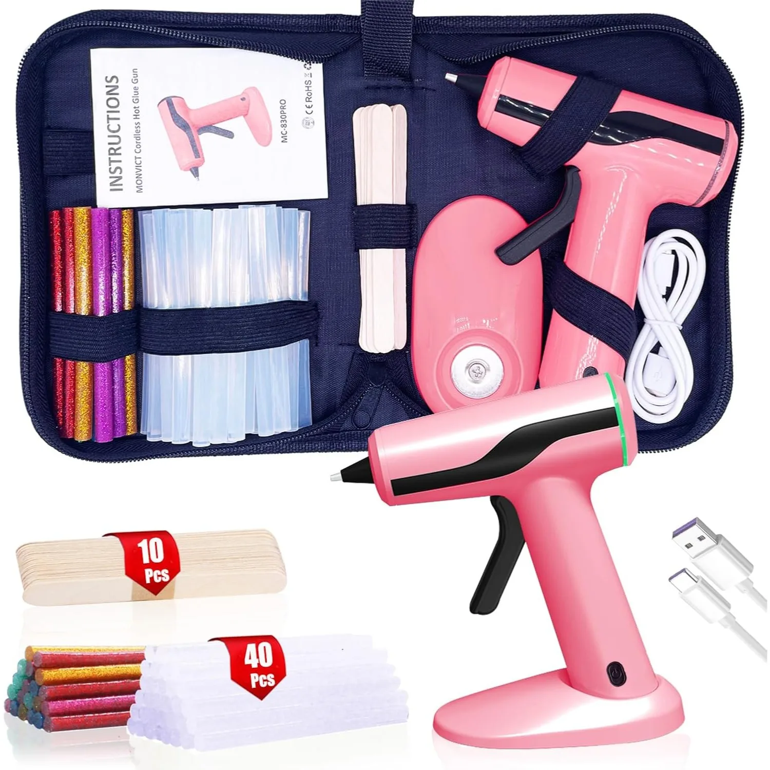 

Cordless Hot Glue Gun Kit, USB-C Rechargeable Mini Pink Glue Gun with 40 Glue Sticks, Fast Preheating 90s, Auto Power-Off