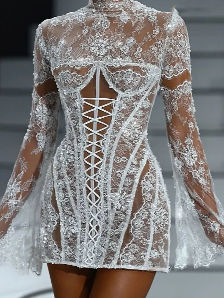 Sexy Lace High Collar Full Sleeve Corset Mini Bride Wedding Dresses Bridal Gowns Customized