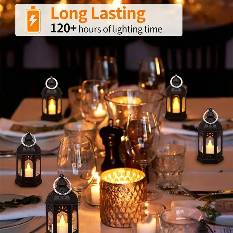 SHGO-Hanging Candle Lanterns Vintage Black Decorative 6 Mini Lantern With Flickering LED Candles For Halloween,Wedding