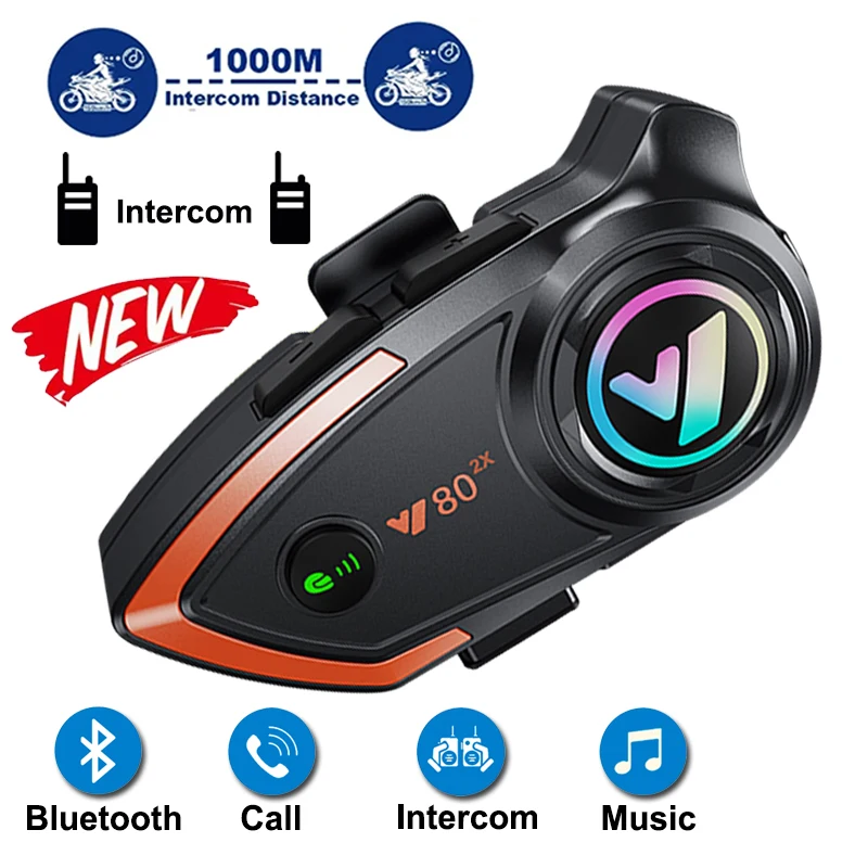 Y80-2X Intercomunicador de motocicleta para capacete, fone de ouvido sem fio Bluetooth, chamada viva-voz, fone de ouvido, voz inteligente, apto para motos pilotos