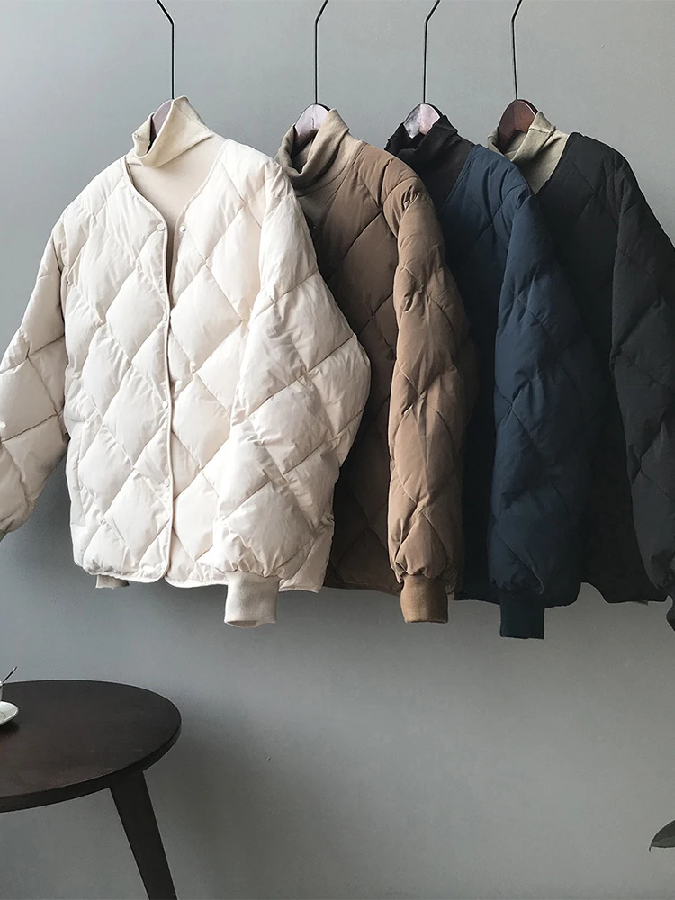 

Women's White Parkas Jacket Thicken Warm Long Sleeve Checked Padded Coat Vintage Overcoat Streetwear 2000s Clothes Winter 2024