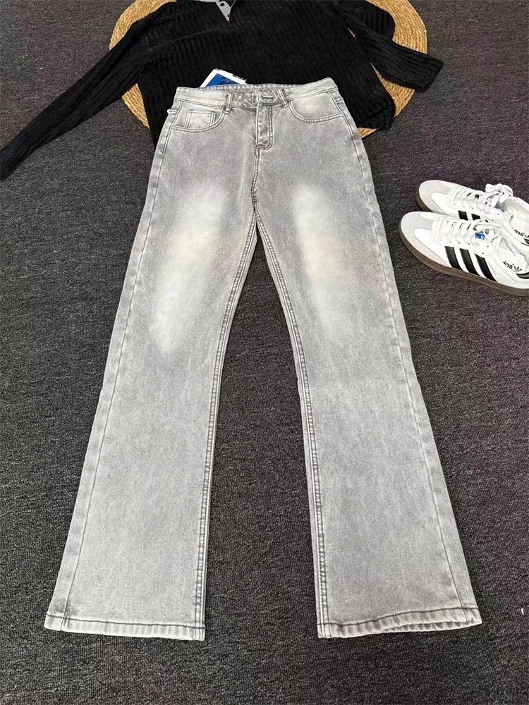 

Men's Fce Lined Straight Leg Jeans Thi Denim Bootcut Pants American High Street Slim Fit Winter Wear Youth Faion