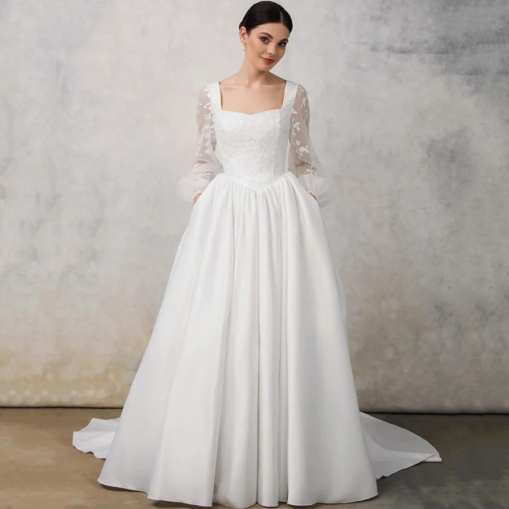 Customized Elegant Wedding Dress Lantern Sleeve Applique Lace Up Bride Dresses A Line Bridal Gowns Vestidos De Novia