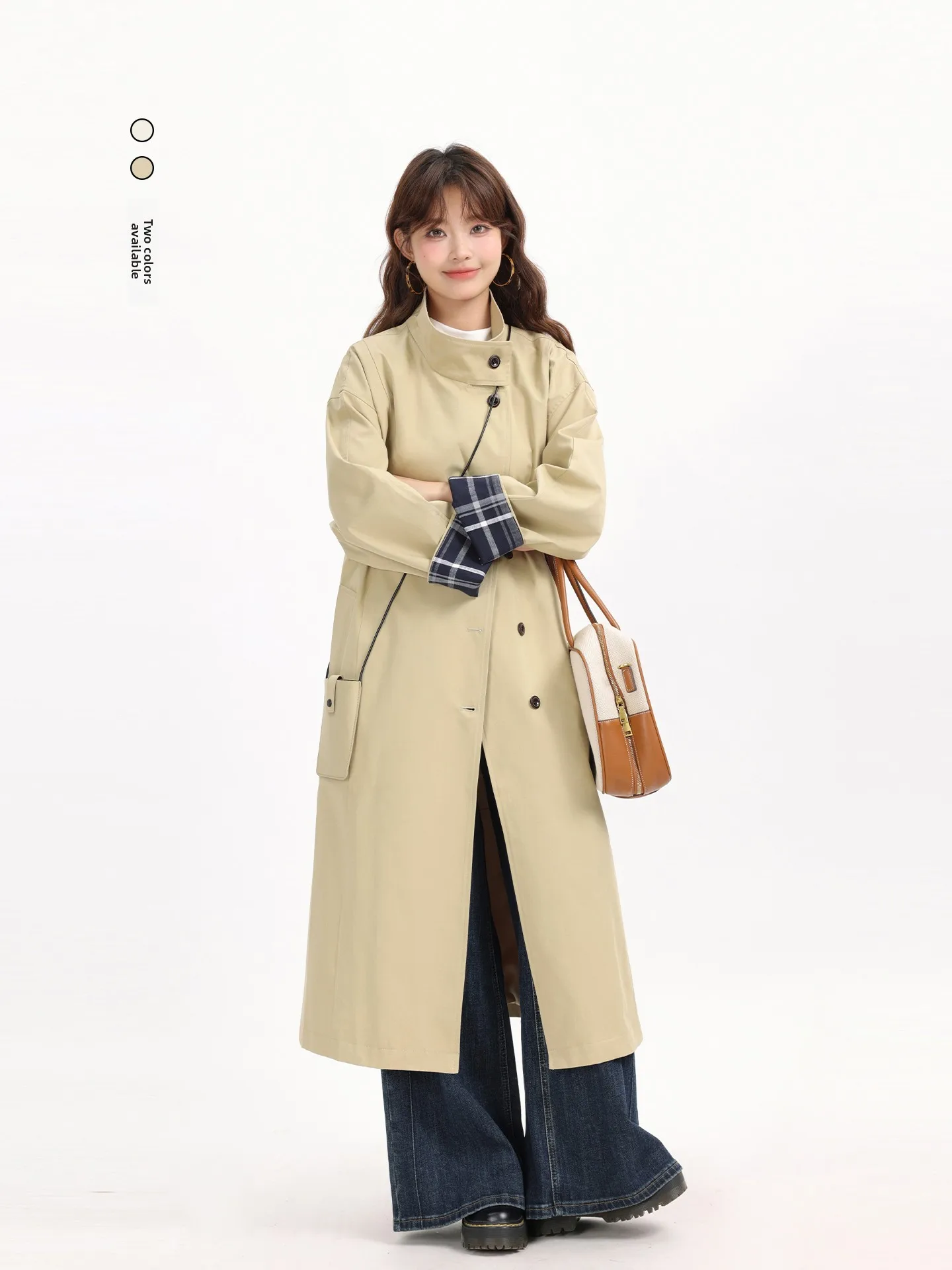 Retro British Style Long Coat Casual Plaid Color Block Stand Collar Windbreaker Outerwear for Women Spring Autumn Winter