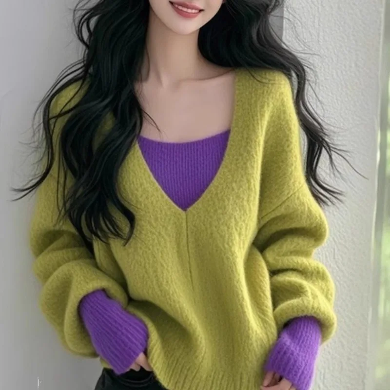 

Contrast Color V-neck Sweater for Women 2025 New Autumn and Winter Vaion Two-piece Base Knitted Sweater Top
