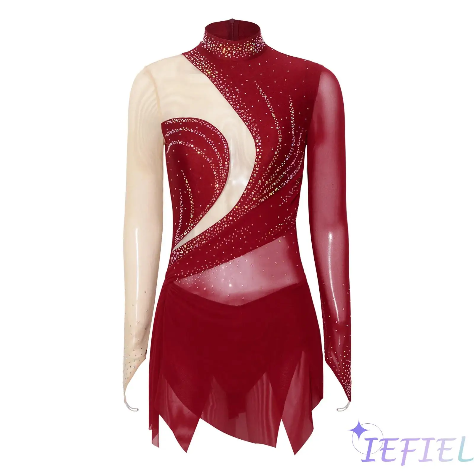 

Womens Salsa Rumba Latin Dance Outfit Mock Neck Rhinestone Sheer Mesh Color Block Bodysuit Dresses for Figure Skating Dancewear