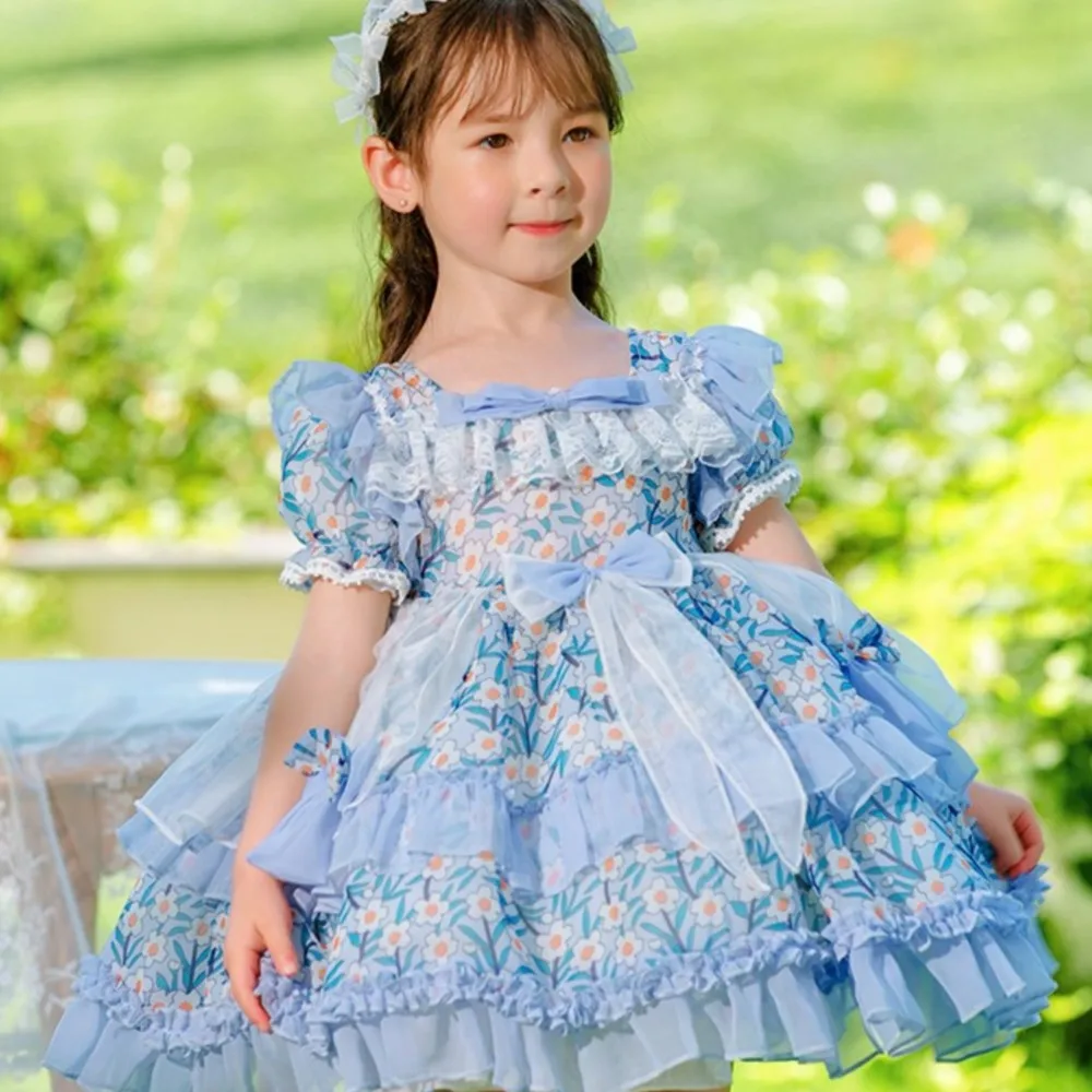 

New Summer Girls' Fragmented Flower Fluffy dress Chiffon Short sleeved Dress Children's Lolita Dress Blue Party