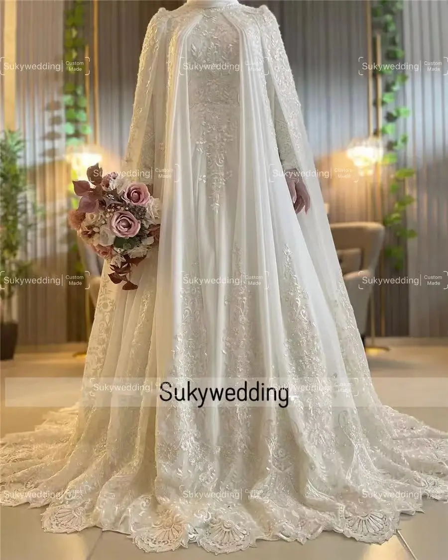 Chiffon Princess Muslims Wedding Dress for Wedding with Cape Lace Appliques Islamic Bridal Gowns High Quality Robe De Mariage