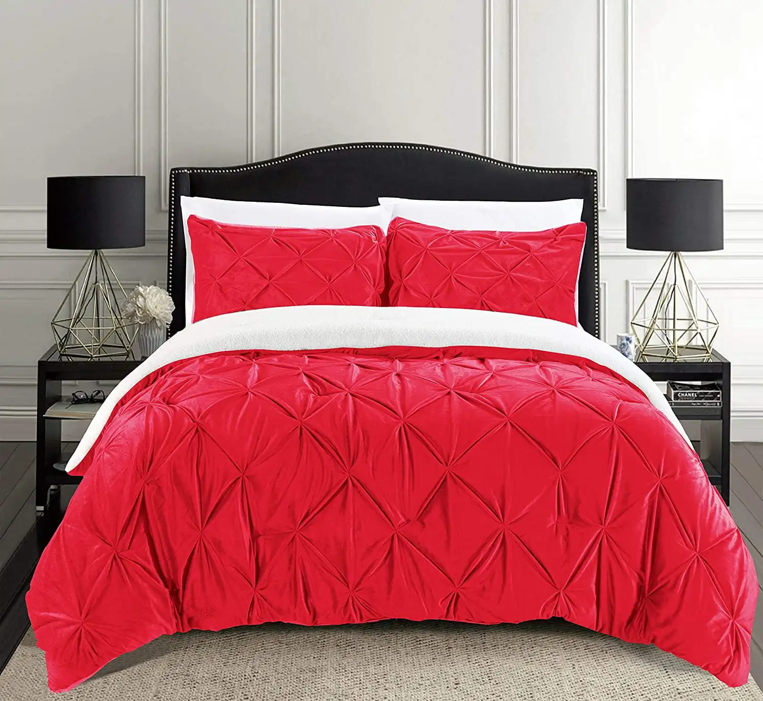 Pleated Sherpa Comforter Set 3-Piece Reversible Comforter Set Full/Queen Red