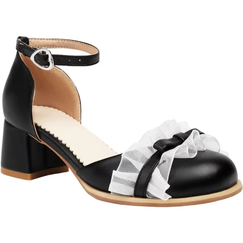 

Новые женские сандалии на блочном каблуке с шелковой лентой и кружевом Baotou, весна-лето, с круглым носком, с полым ретро-пряжкой и ремешком, туфли Мэри Джейн на высоком каблуке