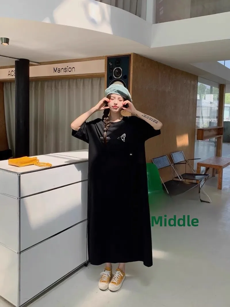 Lâche coréenne Sle T-shirt Dr Hong Kong Sle motif mignon conception mi-longue fente décontracté femmes Faion été Dr