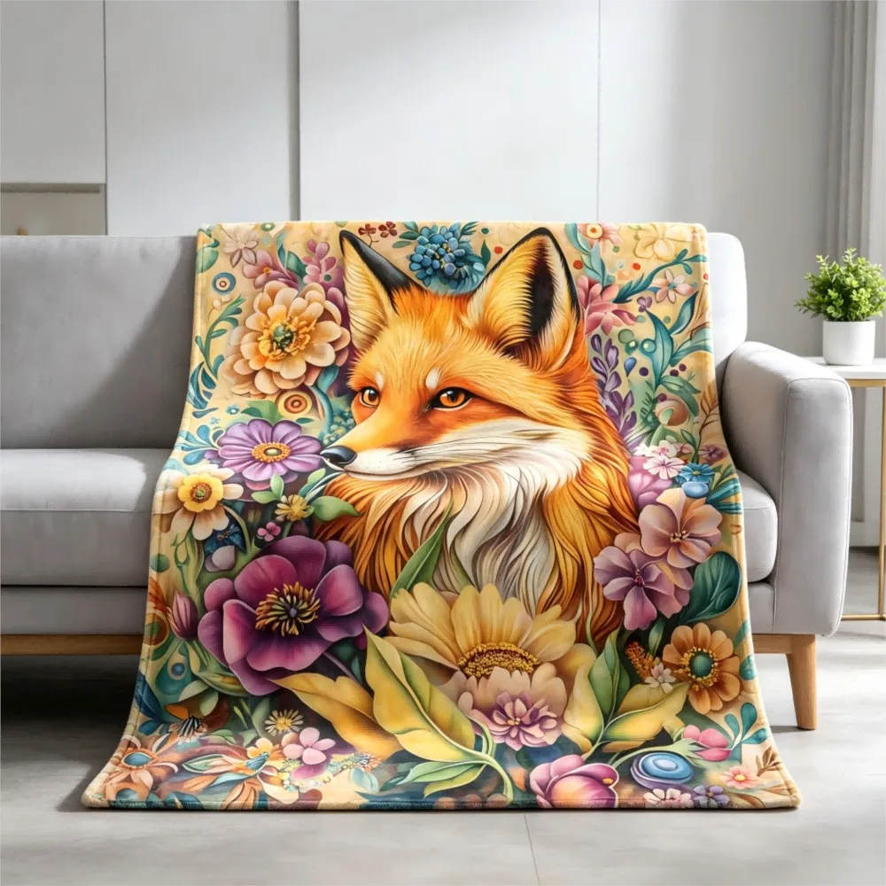 1pc Fox Vintage Flowers Flannel Blankets Throw Unique Gifts Cute Animal Pattern Flannel Blanket Gifts Idea Four Season Use 3