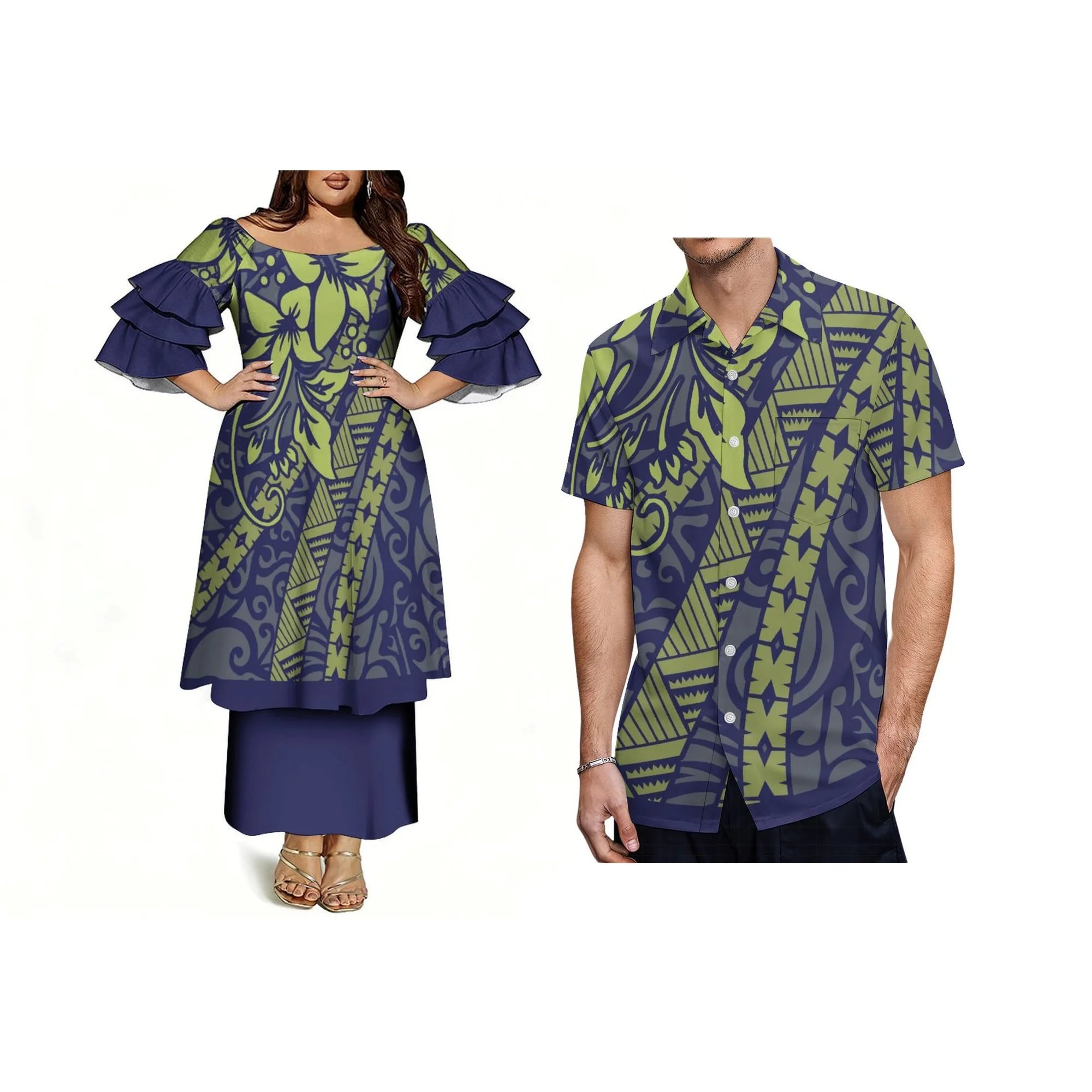 

Best Price Customized Tonga Puletasi Dress Polynesian Style Womens Casual Dress off Shoulder Frill Sleeve Long Dress Two Piece