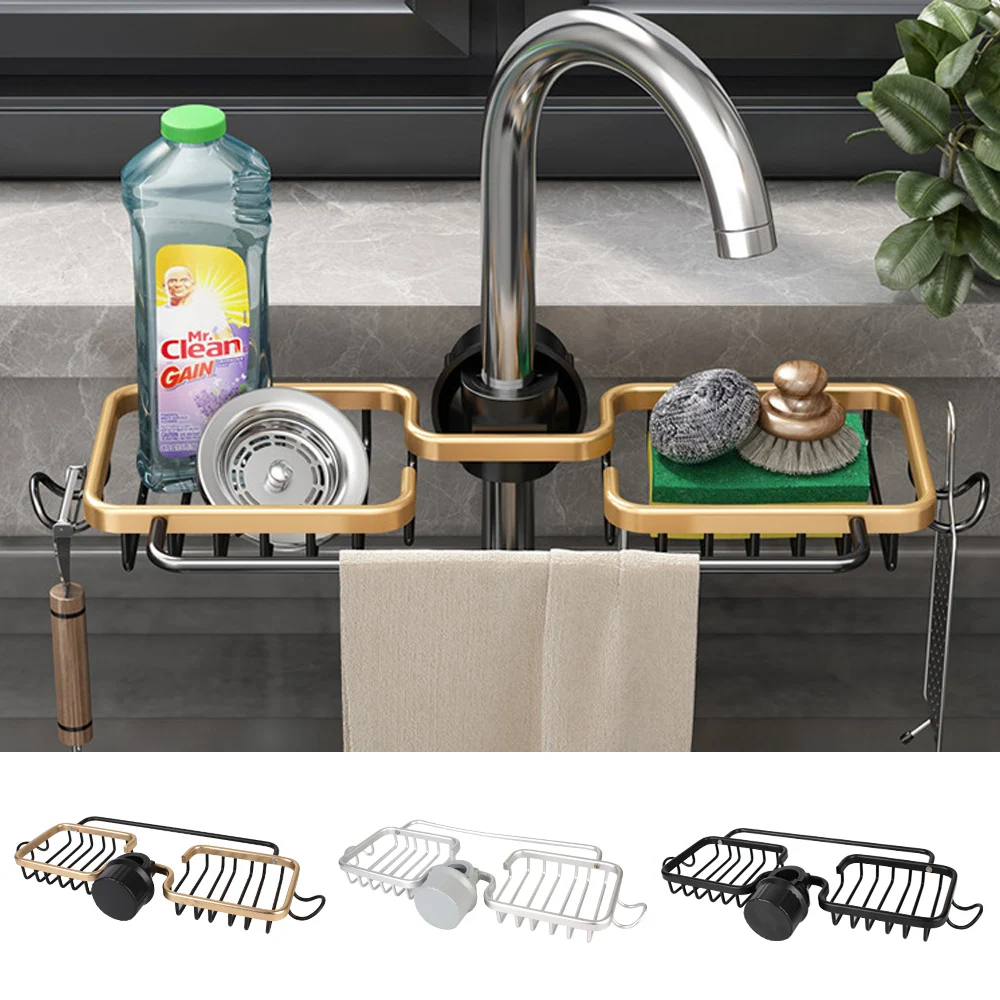 Soap Drainer Shelf Basket Organizer Double Slot Space Aluminum Sink Drain Rack Sponge Storage Faucet Holder