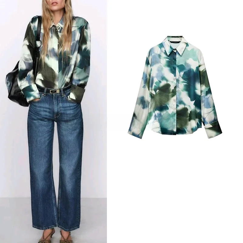 

Новая весенняя женская комфортная универсальная блузка с принтом из полиэстера с эффектом шелкового атласа, с длинным рукавом, свободного кроя, с воротником