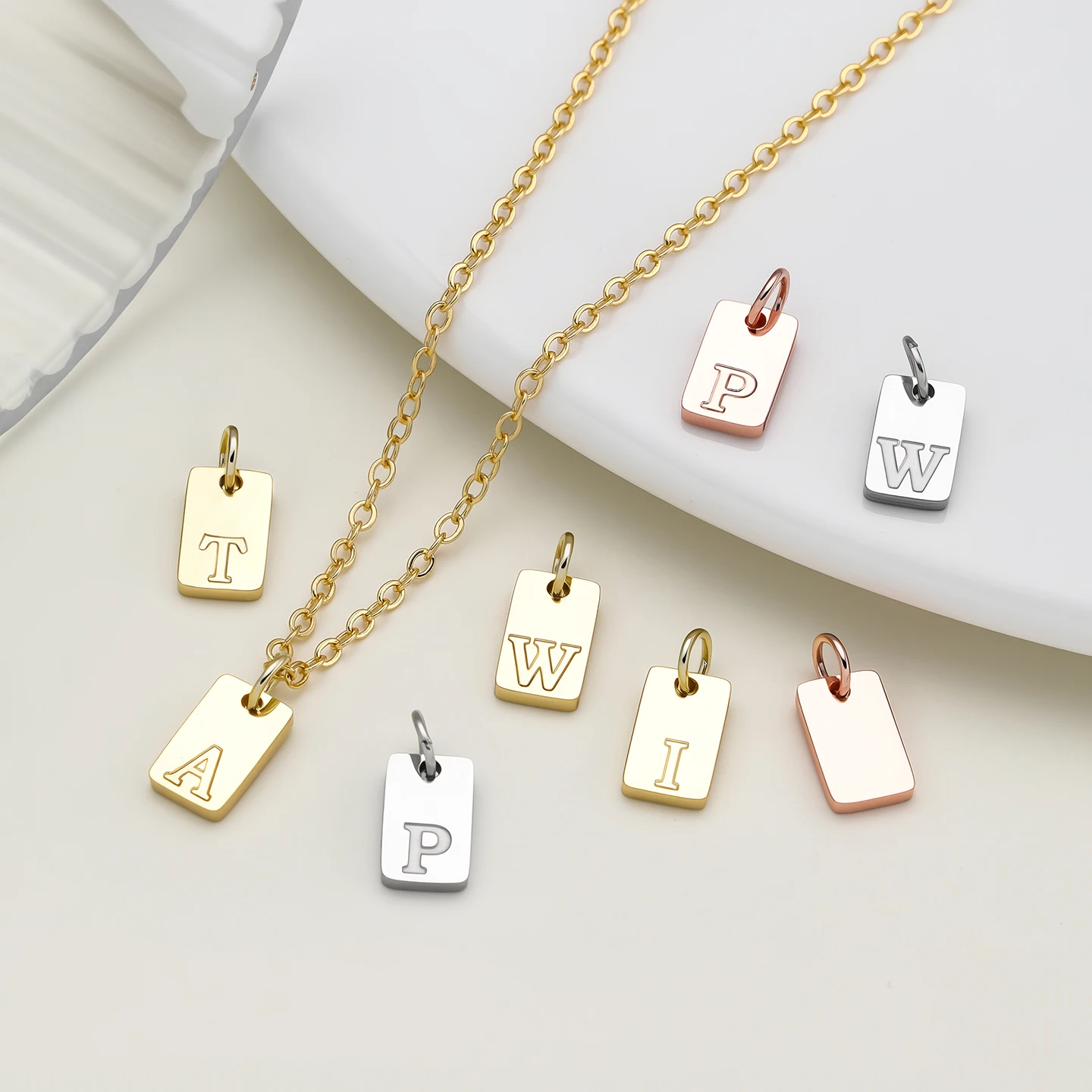 1Pc 6x10mm Gold/Rose Gold/Steel Color 304 Stainless Steel Water Gold Plated Alphabet Letter Pendants  For DIY Jewelry Making
