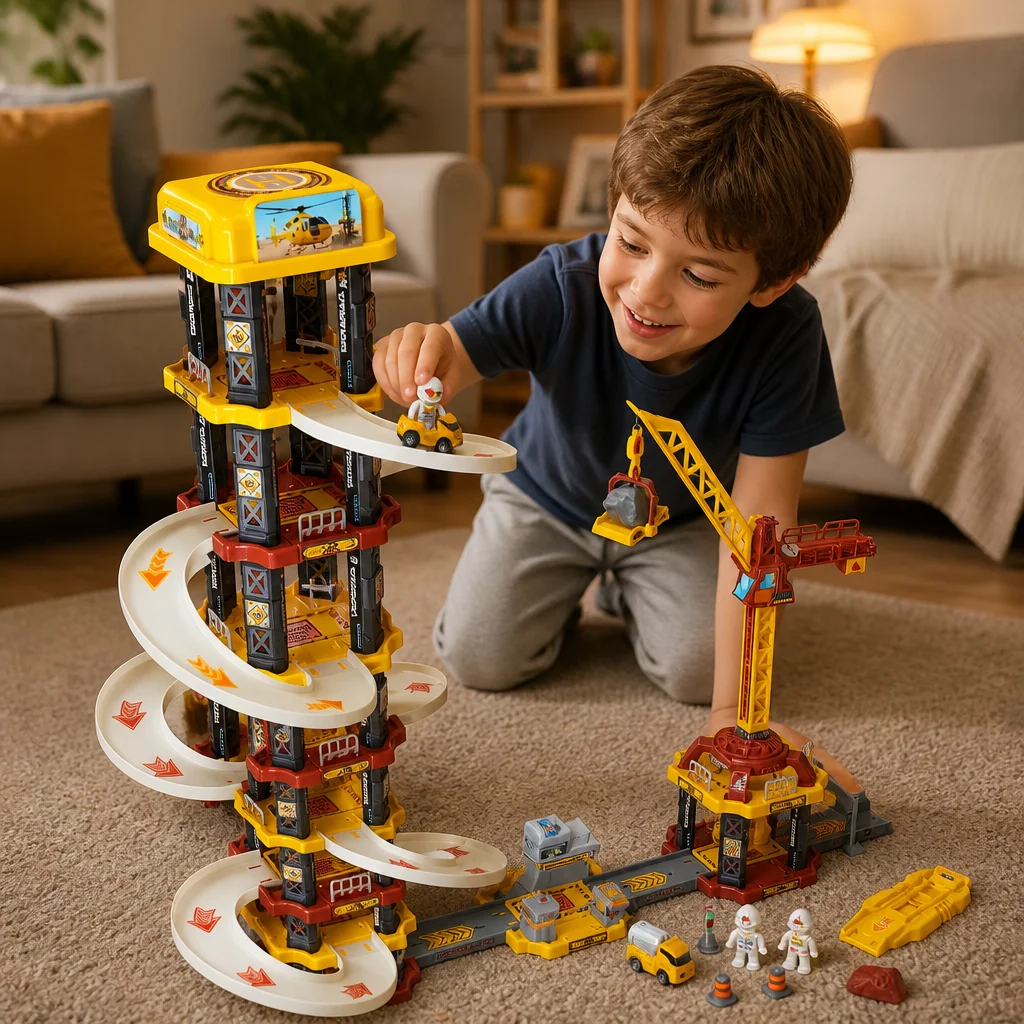 Boy's large eight story engineering series rail car toy with suspension tower, children's parking lot toy (color random)