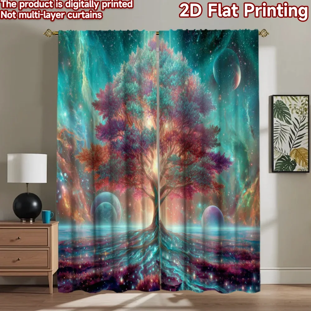 

2D flat printing 2pcs Drapes Cosmic Tree Galaxy Roots Digital Printed Polyester Drapes Festive Holiday Perfect for Festive