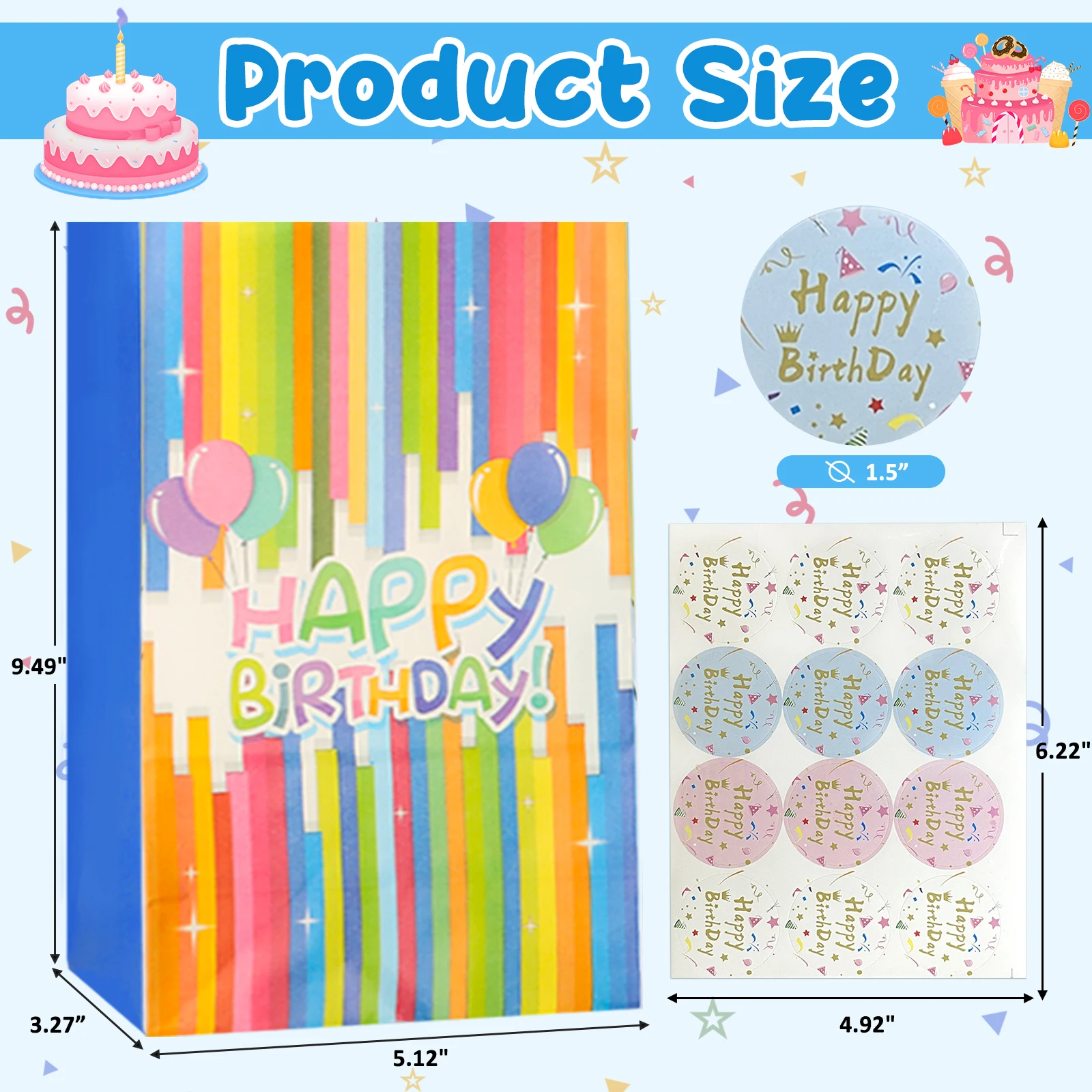 24 Pcs Birthday Theme Party Gift Bag with 24 Pcs Stickers, Birthday  Party Decorations 8 Designs Paper Candy Bag Gift for Party,