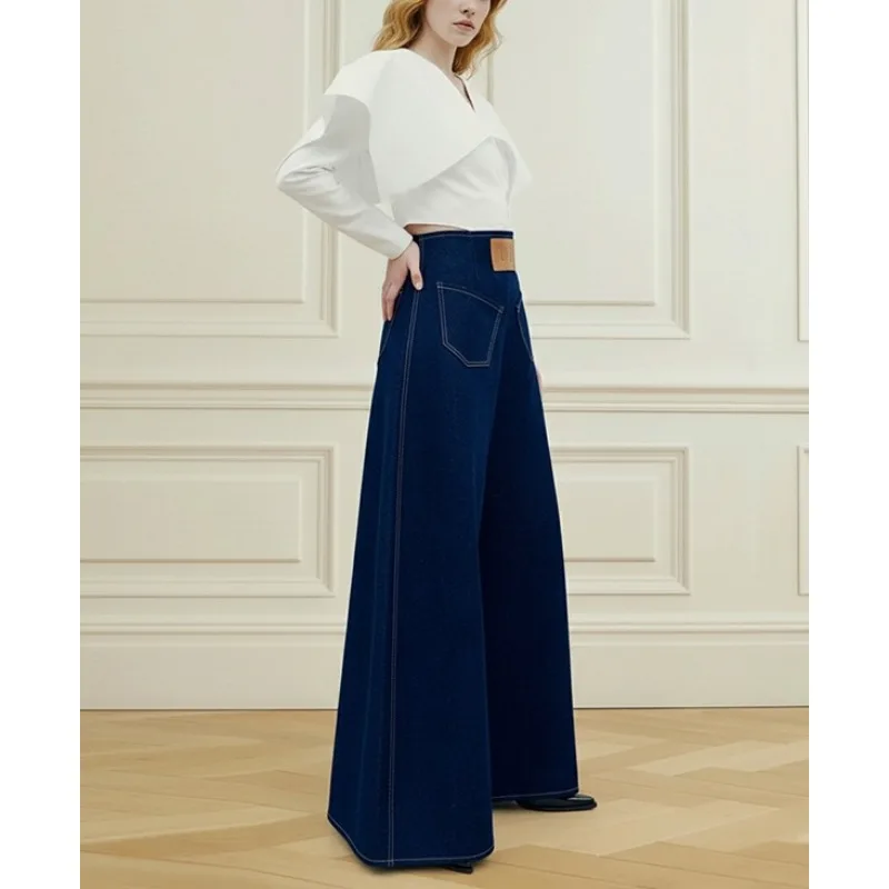 Tinaa Vintage Niebieskie Damskie Jeansy 2026 Stylowe Spodnie Biurowe z Naszytymi Skórzanymi Wstawkami, Skośne Kieszenie, Zamek z Tyłu w Talii, Luźne Spodnie Denimowe 193619