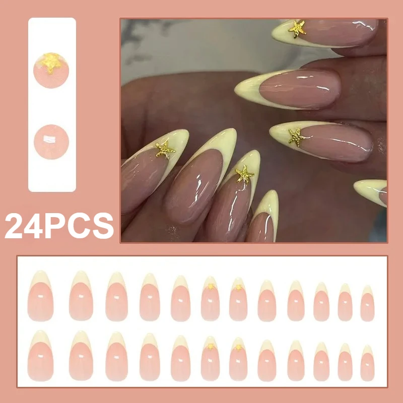 

24PCS Yellow Minimalist French Style Press on Nails Almond Shaped Nail Patch European and American Style Reusable Fake Nails