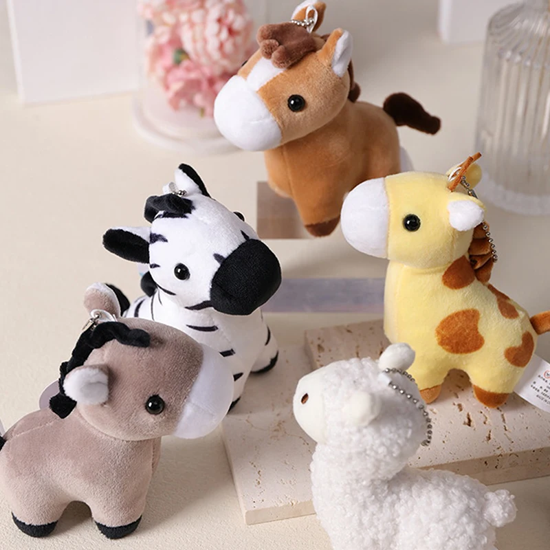 1Pc Lovely Cartoon Animal Brown Horse Alpaca Donkey Giraffe Zebra Soft Stuffed Small Doll Key Ring Pendant Birthday Christmas