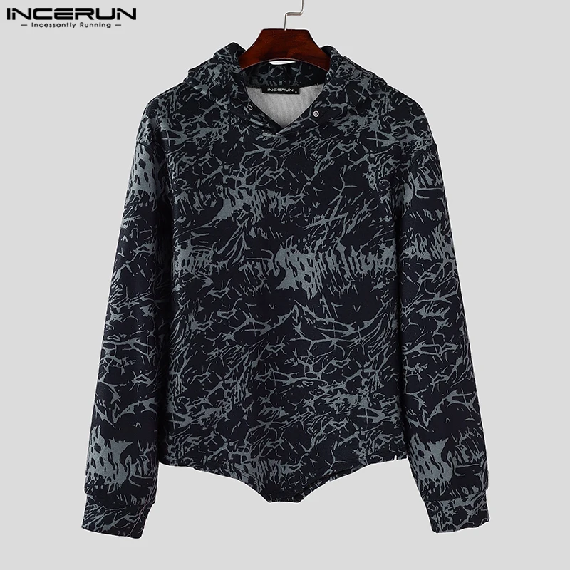 INCERUN Stylish Men Tops Casual Inverted Triangle Waist Hooded Sweatshirts Personality Male Mottled Printed Long Sleeved Hoodies