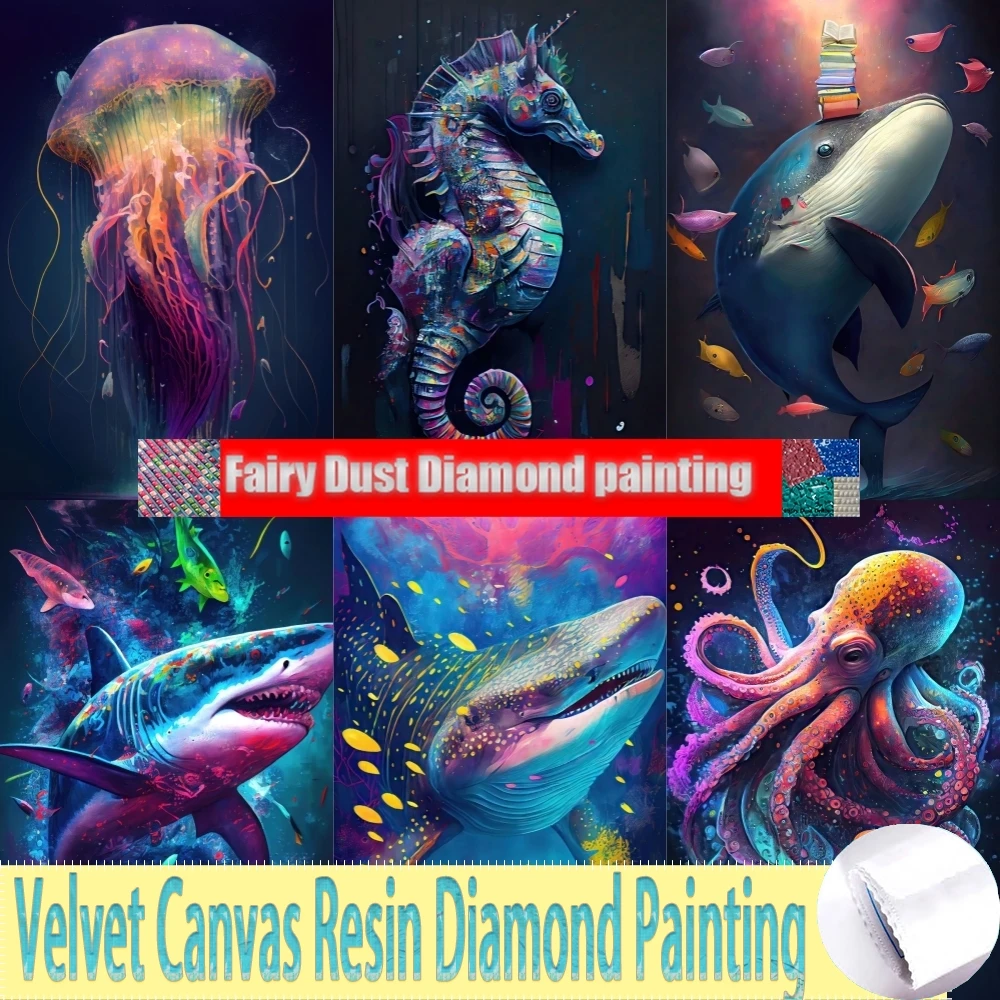 5D DIY Fairy Dust Resin Diamond Painting Colorful Underwater World Seahorse Shark Art Pattern Mosaic Cross Embroidery Bar Decor