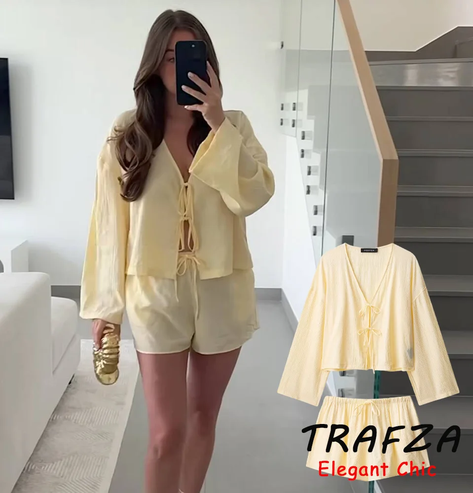 

TRAFZA Summer Casual Thin Shorts Set Women's Light Yellow Lace-up Shirts Or Shorts 2025 Fashion Vacation Homeswear Mujer Set