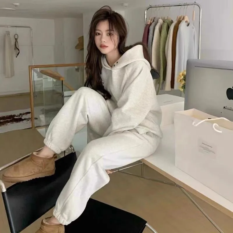 Casual Velvet Lined Women Tracksuit Fall Winter Warm Loose Hooded Jackets Coats Tops Outfit High Waist Harem Pants 2 Piece Sets image 3