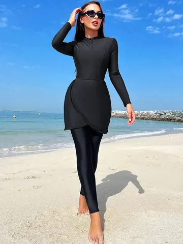 이슬람 Burkini 수영복 여성 겸손한 패치 워크 Hijab 긴 소매 스포츠 수영복 이슬람 수영복, 빠른 건조, UPF50 +
