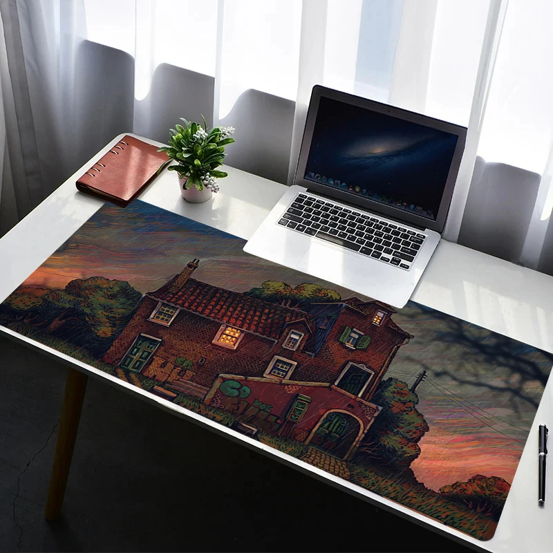 Mauspad Erweitertes Gaming Cartoon City Mousepad mit genähten Kanten Schreibtischunterlage Rutschfeste Basis Computer Tastatur Pad für Laptop