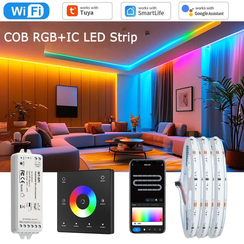 10m 20m Tuya Smart WiFi COB RGBIC Led Strip 24V Dream Color Room Party Lighting Decor RF Touch Remote Fr Alexa Google Assistant