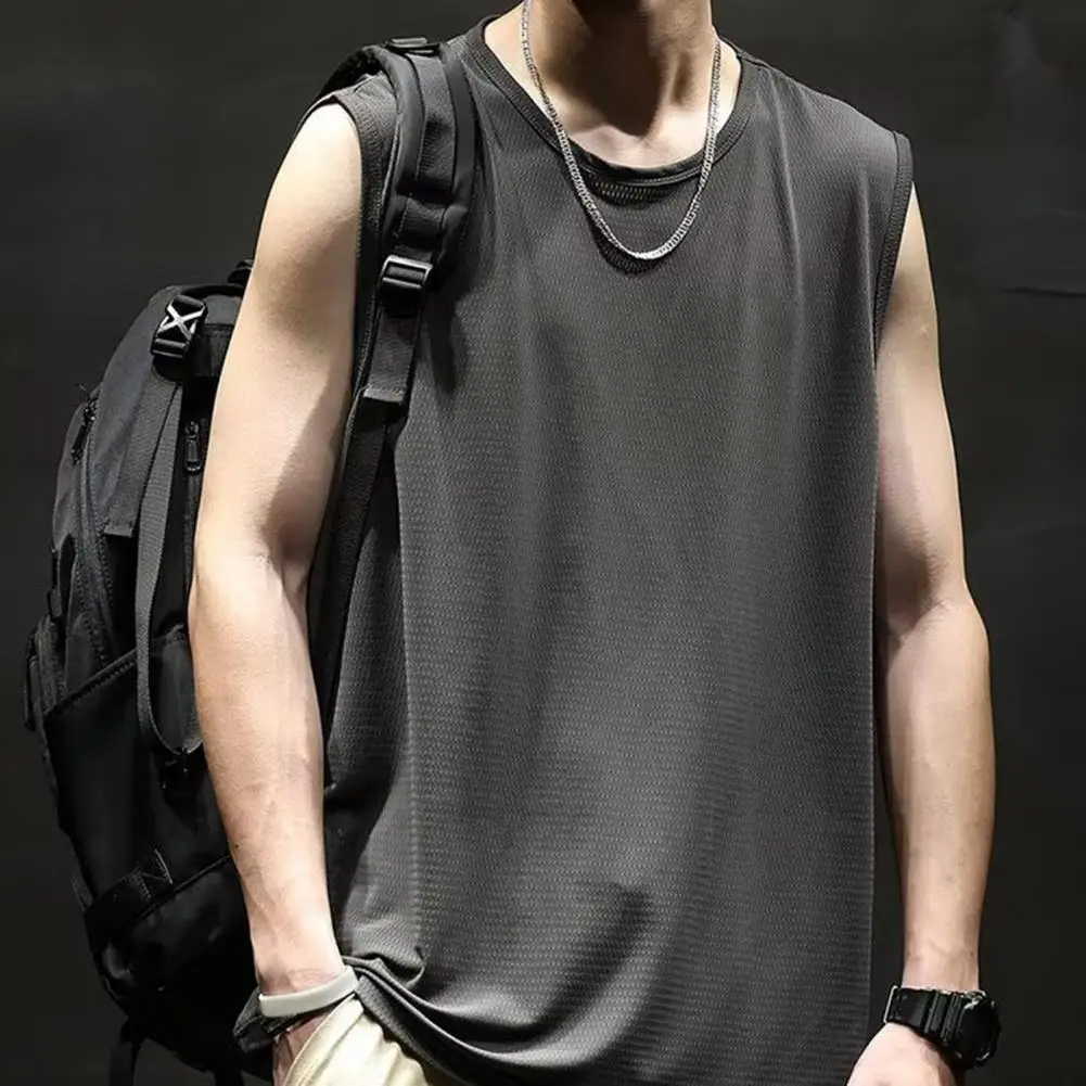 

Men Summer Vest Sleeveless Pure Color O Neck Loose Elastic Pullover Soft Breathable Pullover Gym Exercise Sports Tank Top