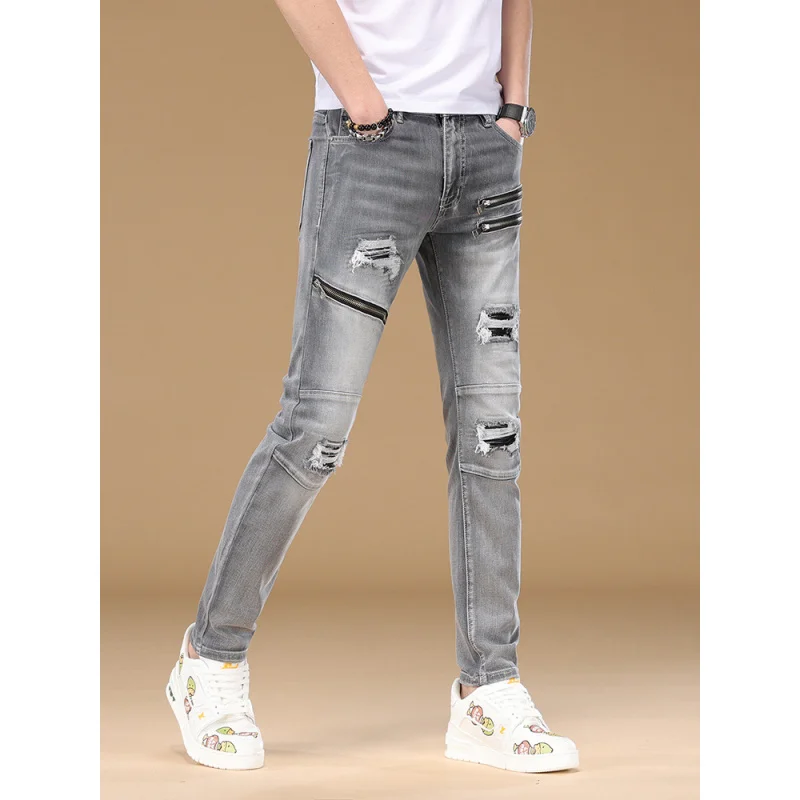 Celana Jeans Motor Pria Musim Semi Gugur 2025 Slim Fit Model Kaki Kecil Trendy Merk Fashion Personalized Panjang