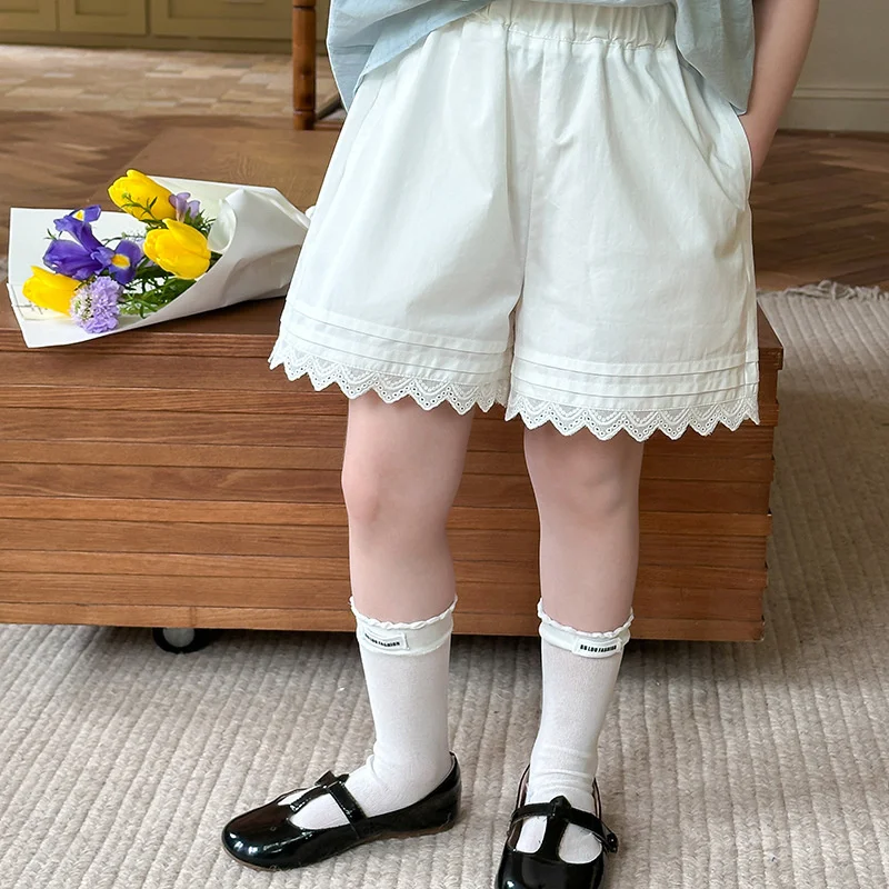 New Summer Girls Shorts Princess Sweet Lace-Trimmed Pants Kids Fashion Solid Color Loose Clothing Teenager Casual Pants 2-14Y