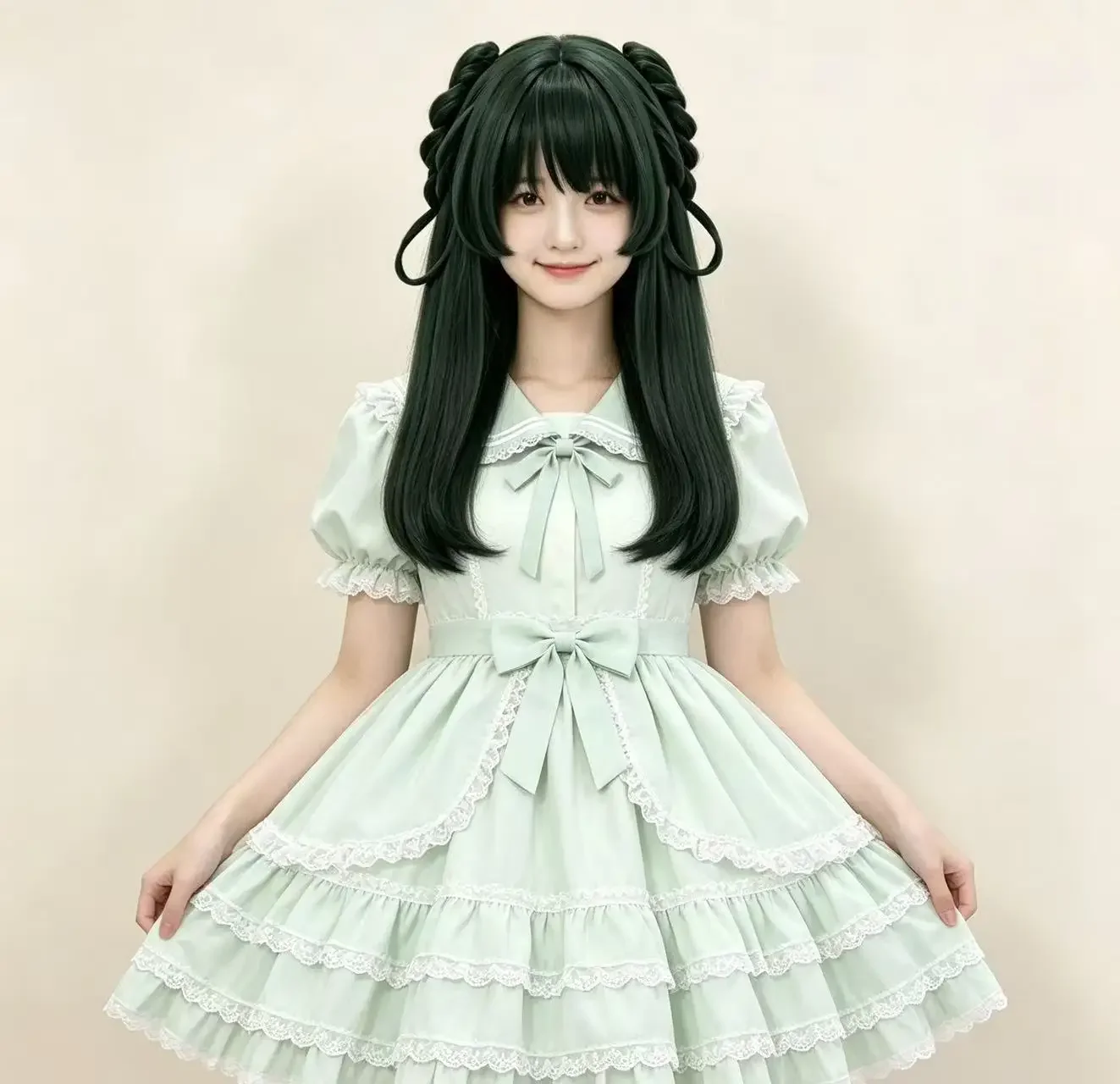 2026 Dark Green Cosplay Wig Long Straight Synthetic Wig With Braided Buns Bangs Halloween Party Costume Hair For Women