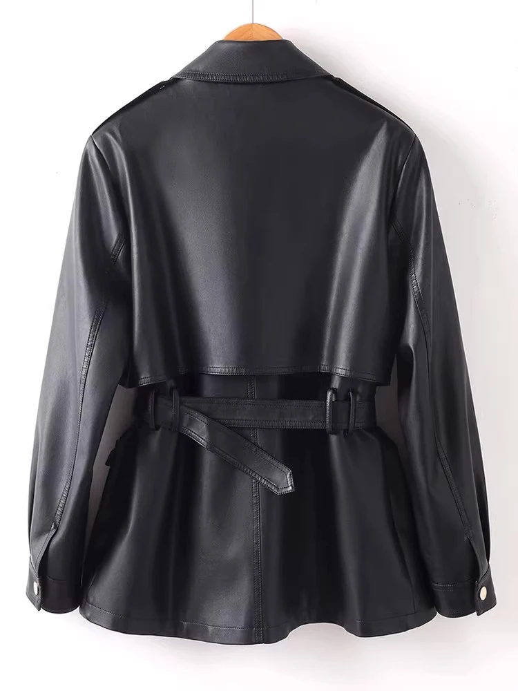 New Women Split Leather Motor Biker Jacket Spring Autumn Fashion Turn-down Collar Single Breasted Slim Waist with Belt Coat