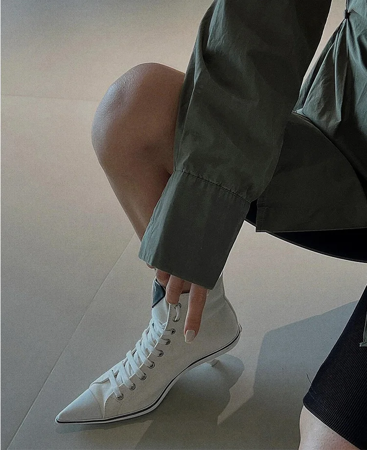 

Women's Elegant White Pointed Toe High Top Heeled Shoes Lace Up Satin Dress Boots with Chic Design for Party Evening