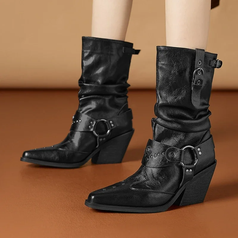 Split Leather High Heels Rivets Retro Motorcycles Boots Warm Winter Autumn Shoes Belt Buckle Luxury Western Women Mid-calf Boots