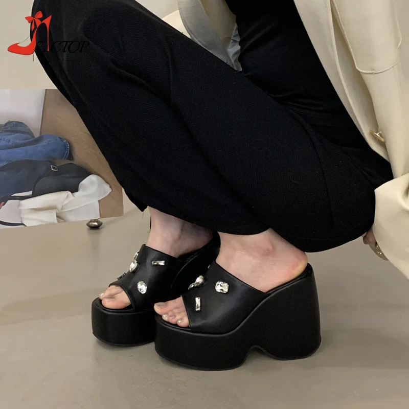 

New Platform Women Slippers Wedges High Heels Sandals 2025 Summer Rhinestone Thick Bottom Female Shoes White Black