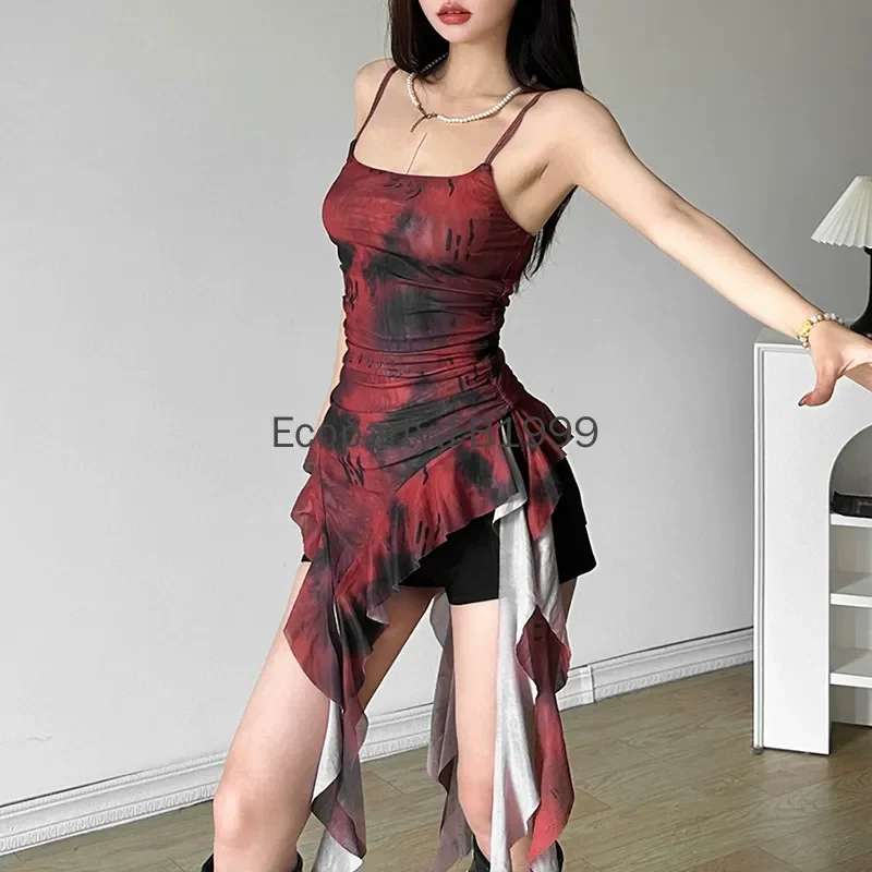 المرأة الصيف موضة الأخوات حفلة الزي الرجعية التدرج الكشكشة الحلو مثير عارية الذراعين كول رقيقة صغيرة غير النظامية شرابة فستان بكتافة #3