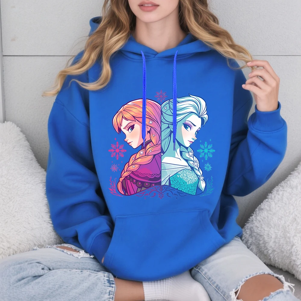 ديزني فروزن إلسا وآنا الأخوات طباعة الأزرق صوف مبطن مقنعين البلوز المرأة الخريف الشتاء الدافئة لينة مريحة البلوز #6