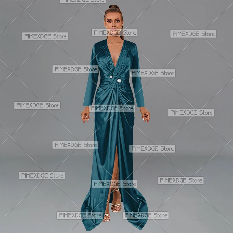 V-neck Long Sleeve Floor-Length Dresses for Party Vacation Ball Cocktail Party Formal Evening Gowns