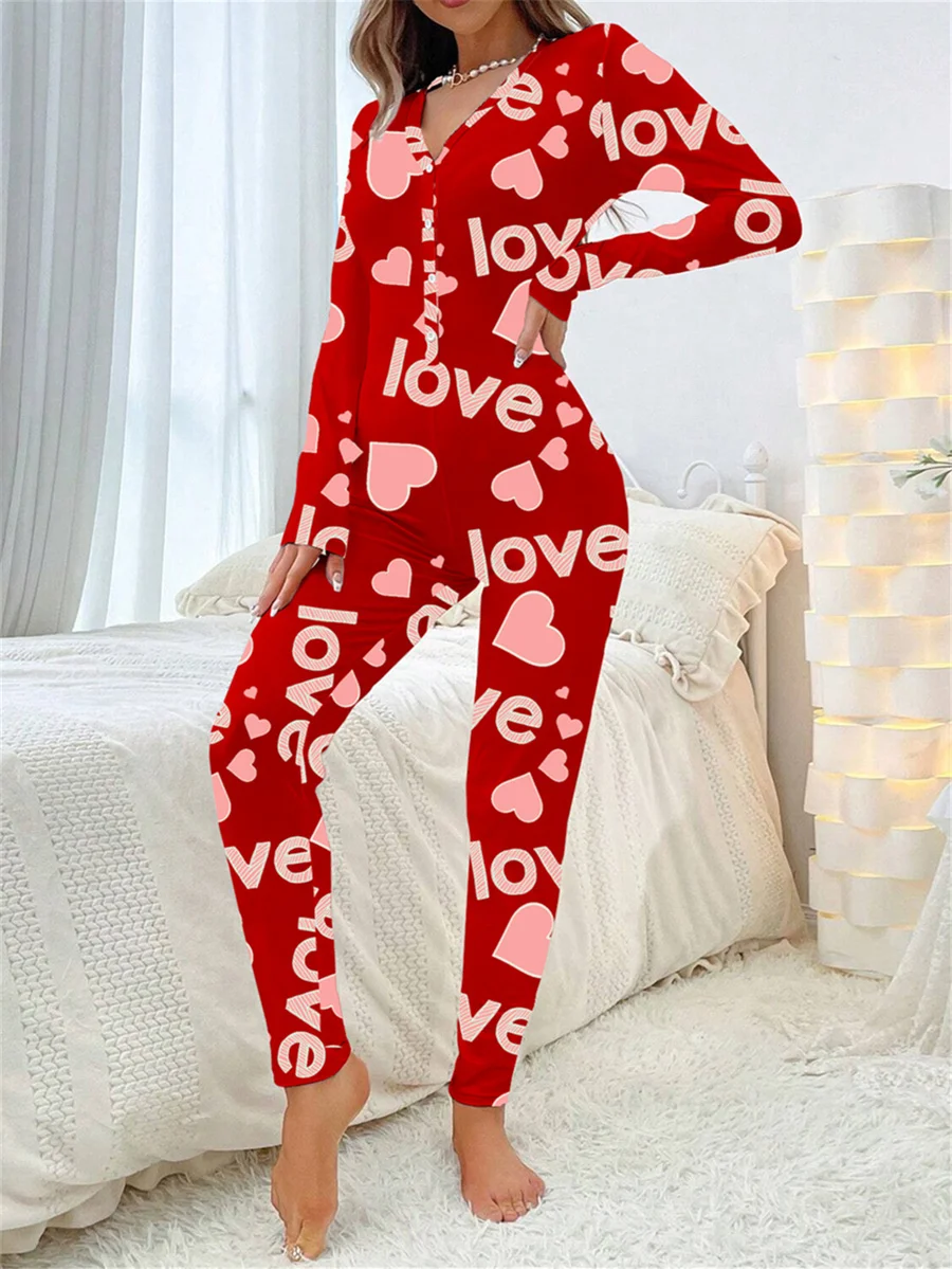 2024 Valentine\'s Day Sleepwear Jumpsuit Long Sleeve Butt Flap Romper Women V-neck Heart Letters Print 1 Piece Lounge Nightwear