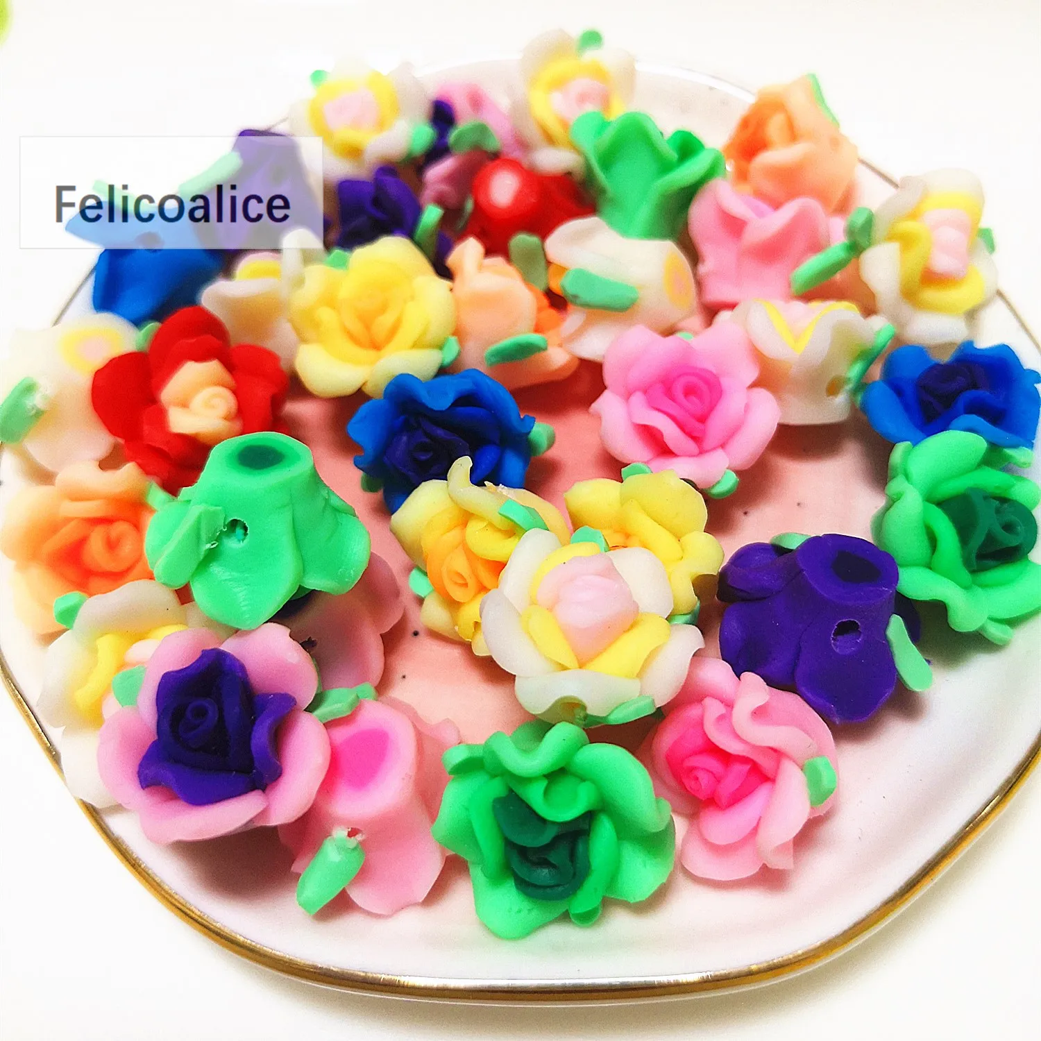 100PCS 15mm Colorful Resin Polymer Clay Flat Back Rose Flower Beads Mixed For Diy Crafts Jewelry Makings Decoration Accessories