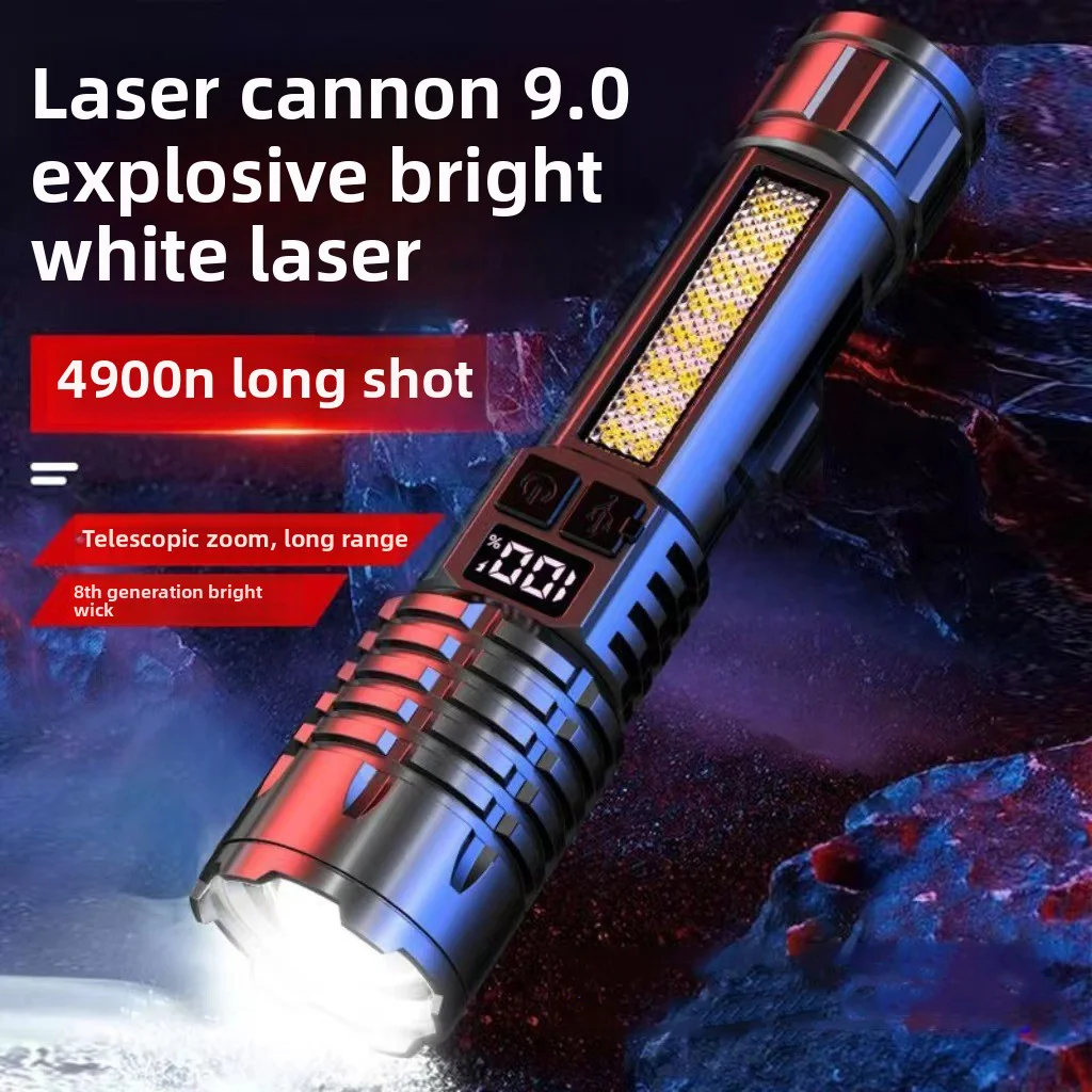Rechargeable High Power LED Flashlight Zoomable Torch with LCD Display, Emergency Side Light, Waterproof Camping or Outdoor Use