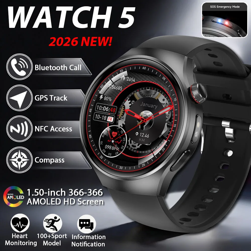 

2026 New Smart Watch 5 Smart Watch Men AMOLED Screen GPS Motion trajectory Heart Rate Bluetooth Calls SmartWatches Waterproof