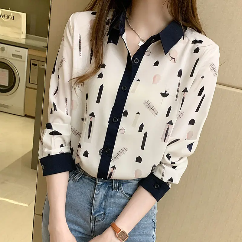 Otoño nuevo temperamento versátil suelto bloque de Color impreso de manga larga camisa personalizada de fondo camisa de mujer Top elegante
