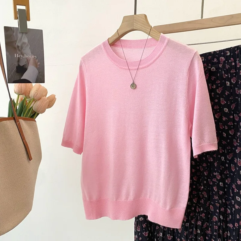 

Dave&di New Spring Product: Sweet Color Short Sleeve Knitted Sweater Wool Solid Color Round Neck Top